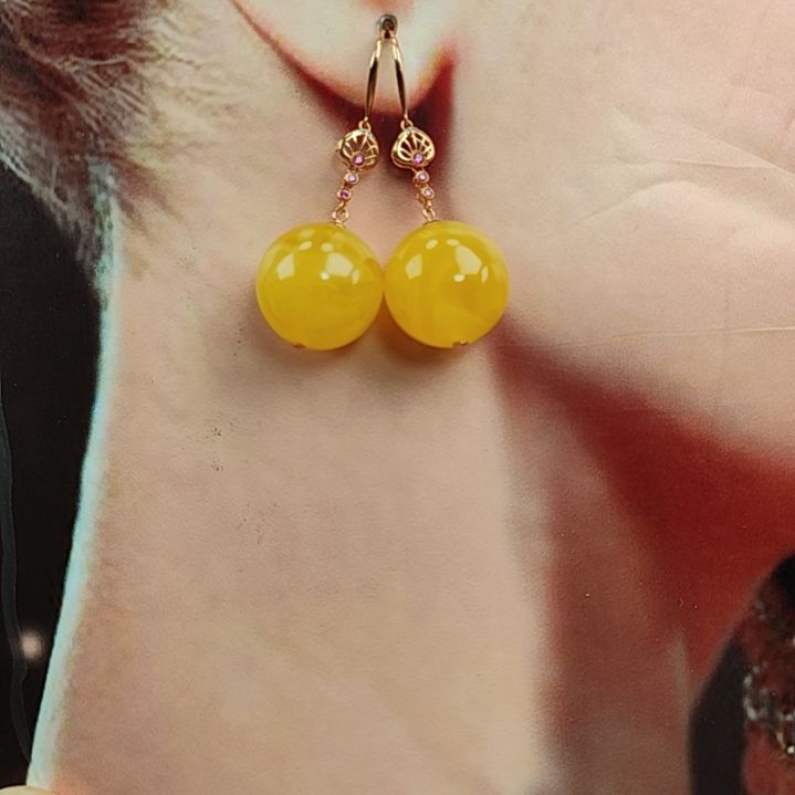 蜜蜡耳饰18K金镶嵌耳环I8k金