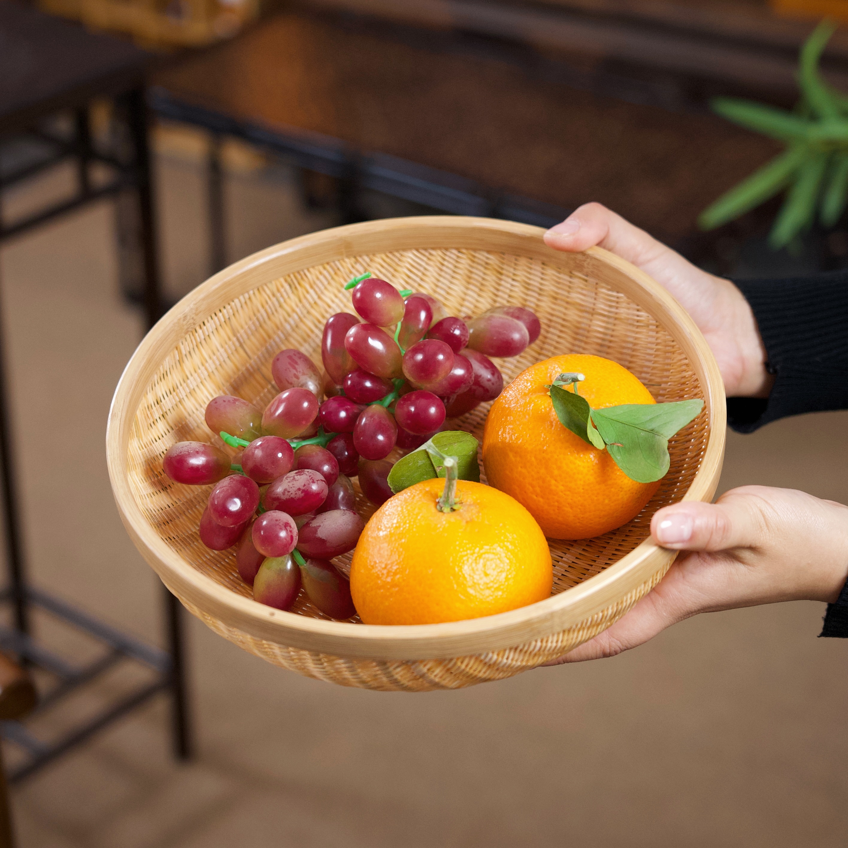 竹编大号篮子收纳筐托盘菜篮纯手工竹编圆形水果篮创意干果篮