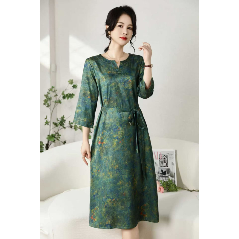 708【绿松石】时尚百搭气质洋气夏季连衣裙复古 宽松收腰遮