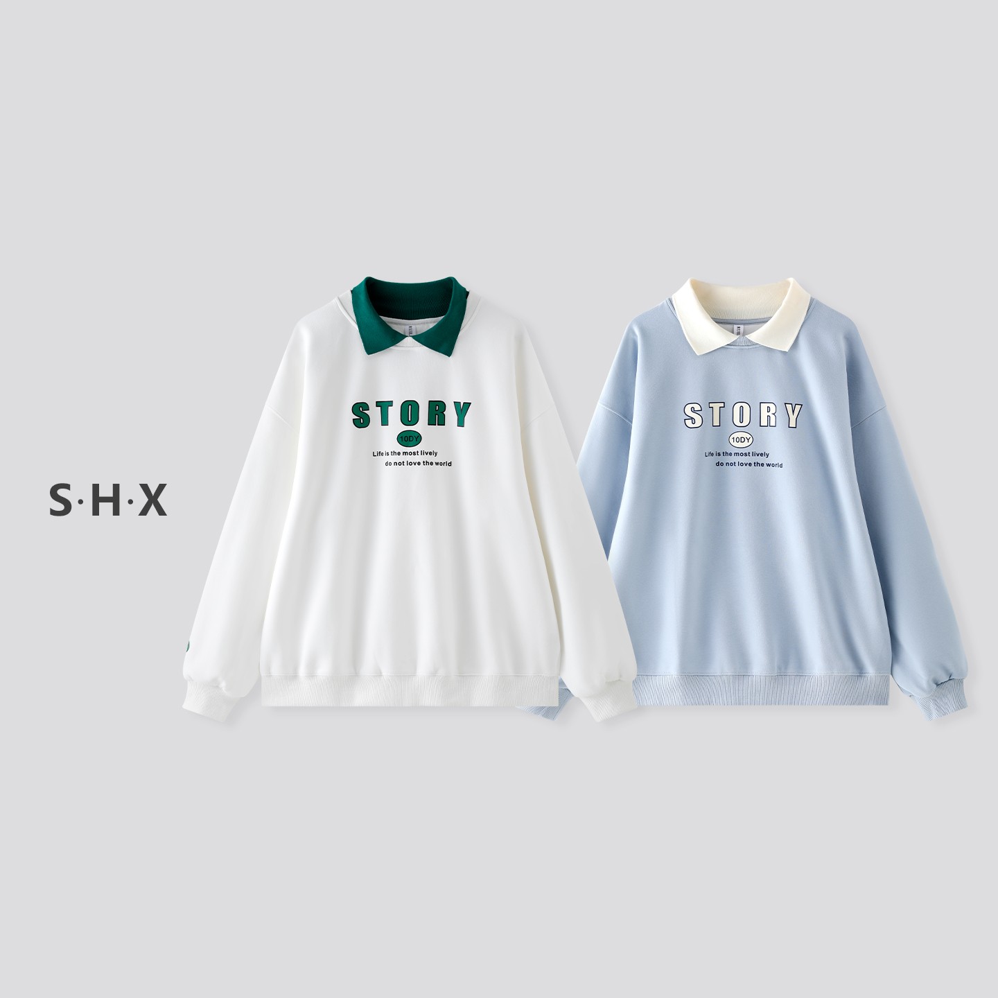 蓝色宽松显瘦假两件撞色卫衣女款秋季爆款2025新款高级感印花上衣