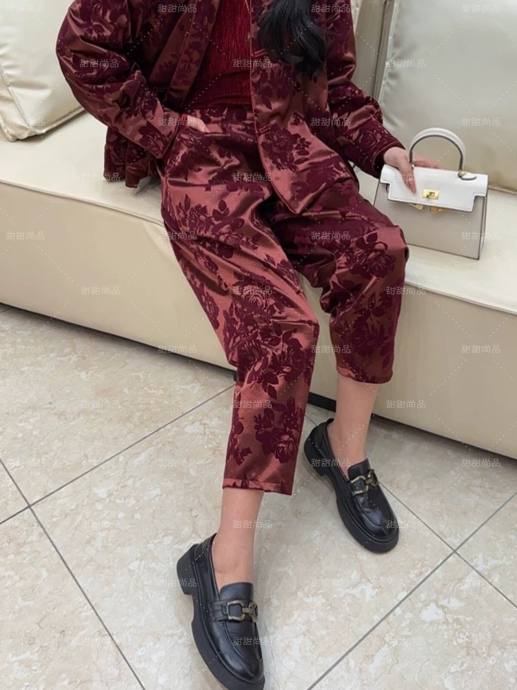 三姐家早春丝绒织花气质洋气哈伦裤