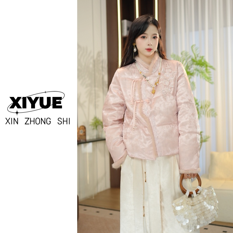 【人面桃花】新中式刺绣水貂毛拼接外套冬季新款国风复古立领棉衣