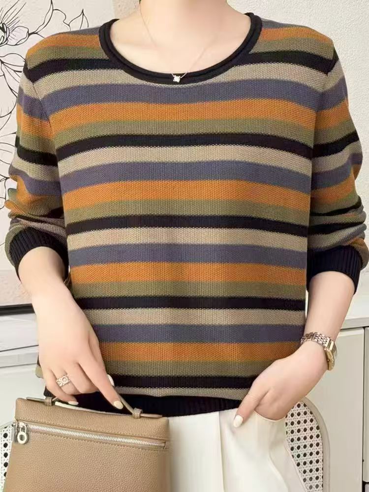 毛针织衫大码宽松秋装条纹针织衫女装针织套头