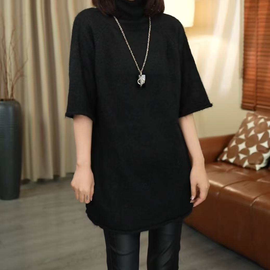 【珊珊家】新款高领中袖宽松开叉毛衣