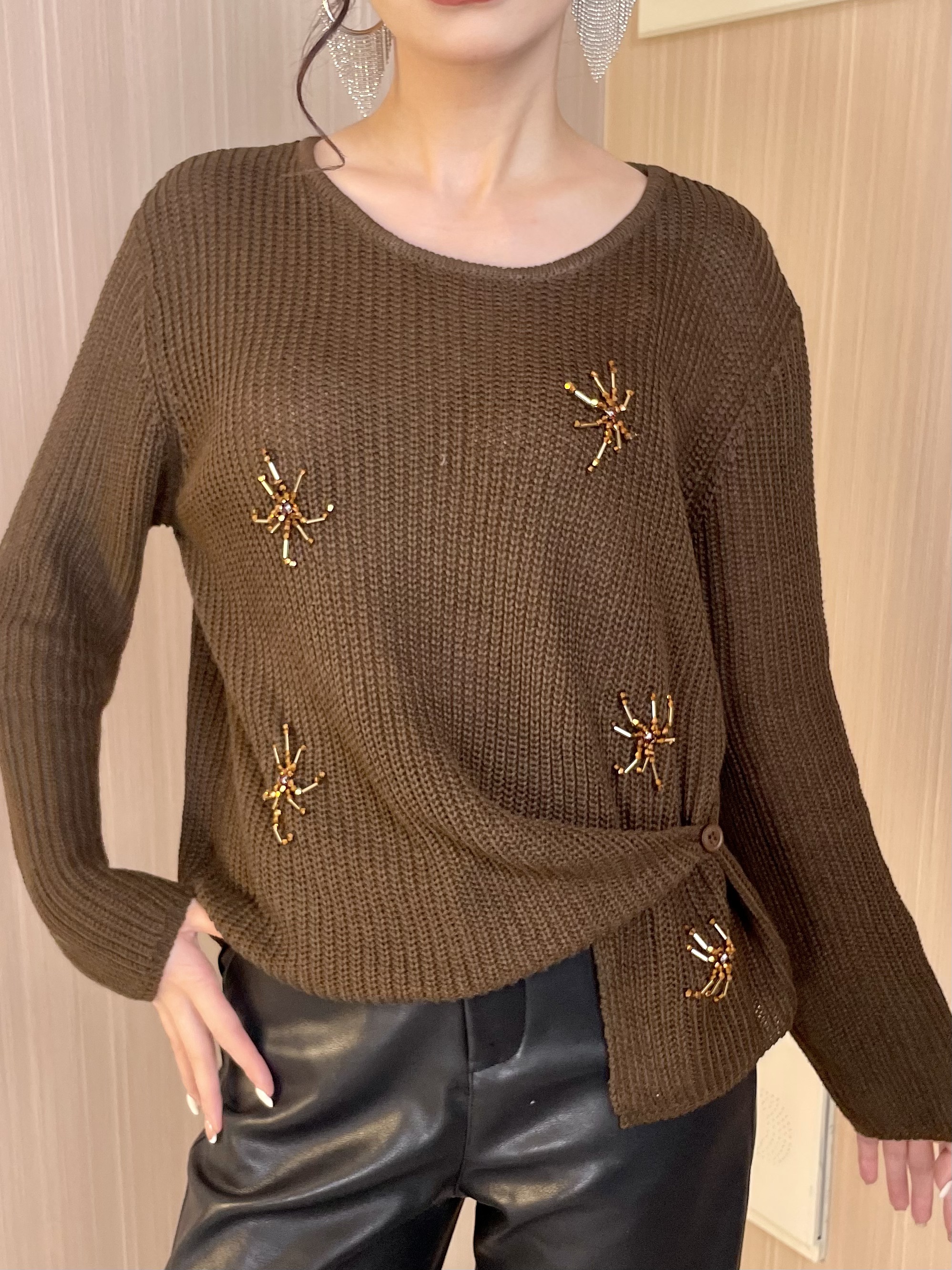 女不褪色重工套头款圆领针织毛针织衫上衣百搭长袖打底衫