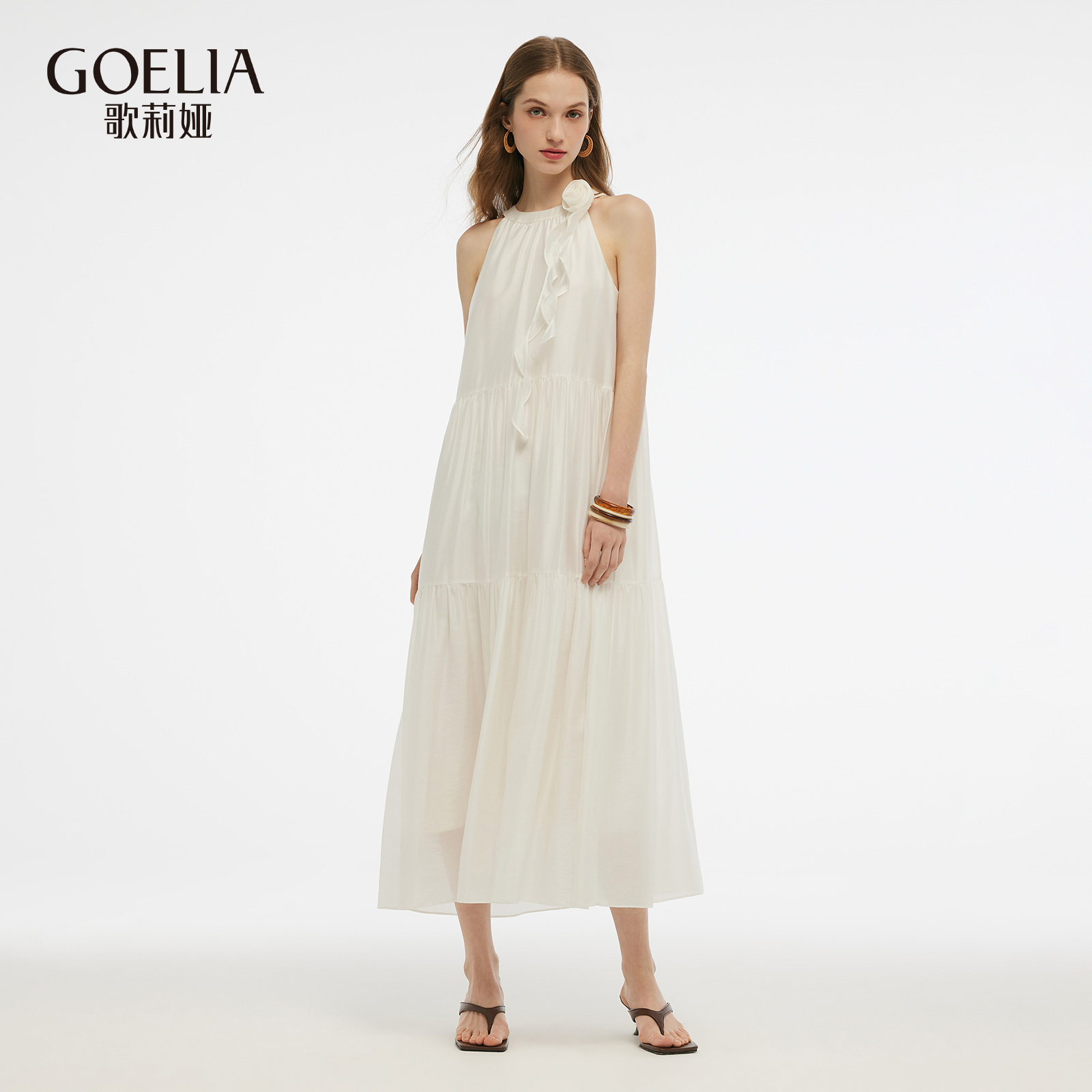 歌莉娅新品挂脖天丝连衣裙配可拆花朵1CDR4K62A