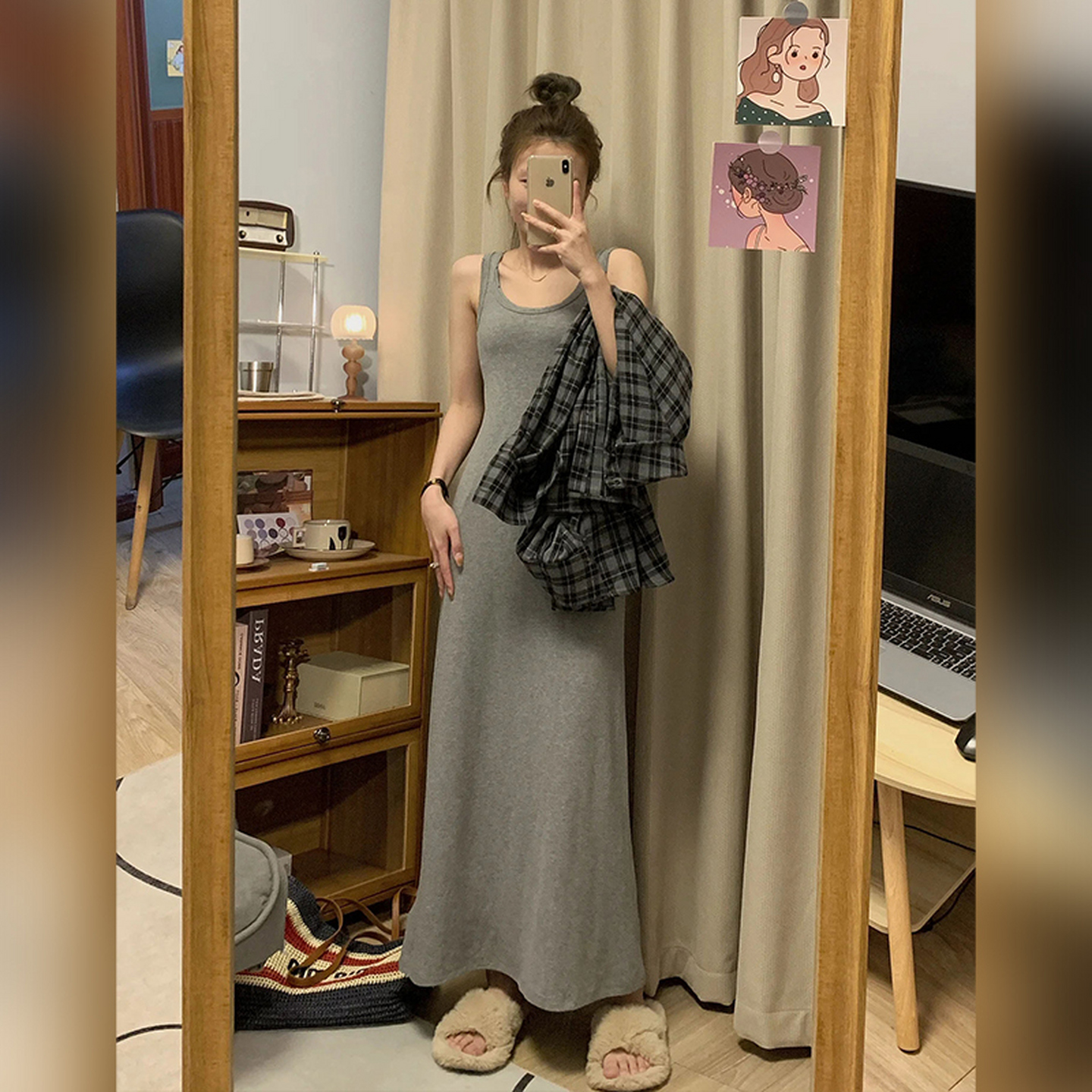 2025新款法式灰色背心连衣裙子女秋季小个子收腰显瘦辣妹长裙9027