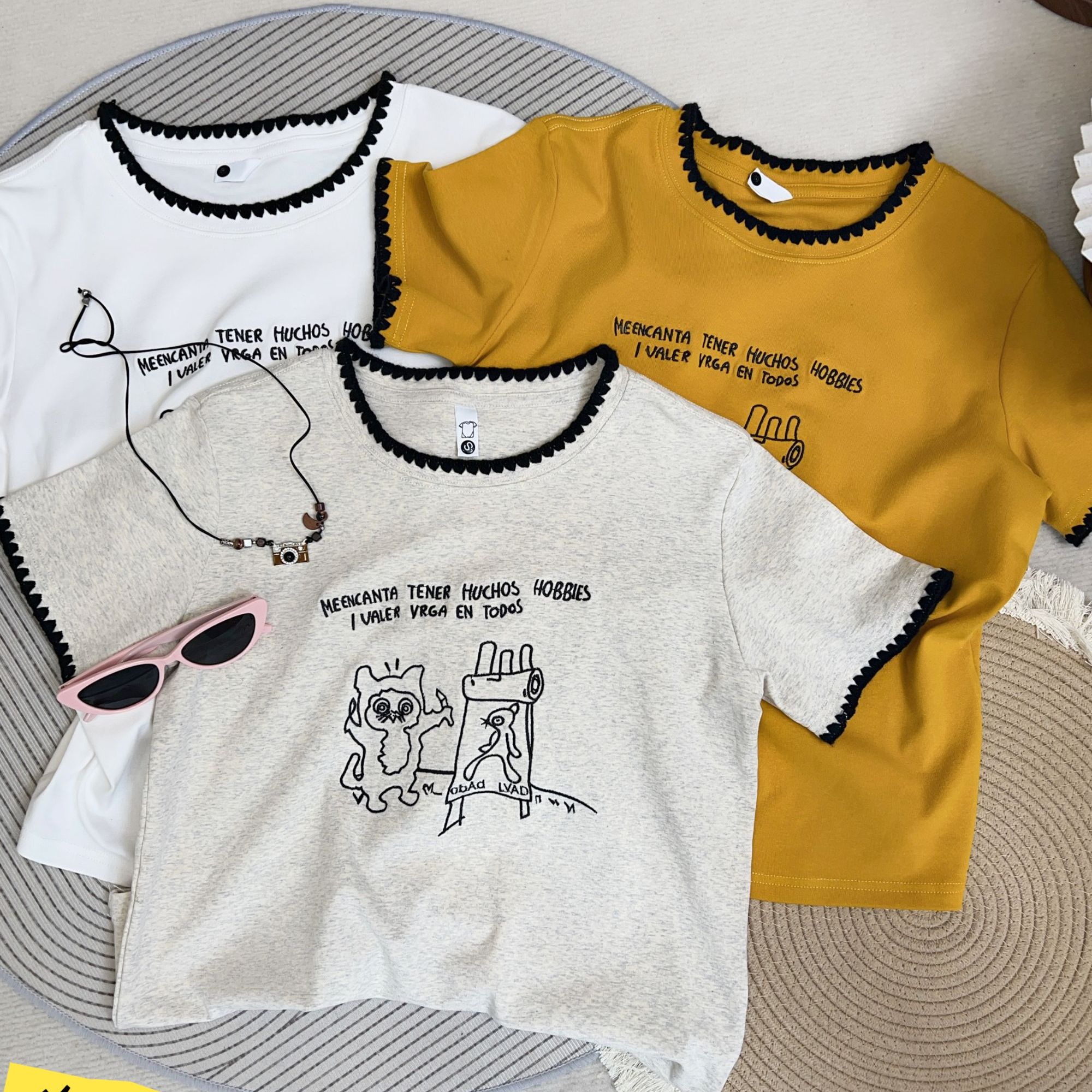 【画家宝宝】2025夏季钩花时尚设计款可爱风刺绣短袖棉t女上衣