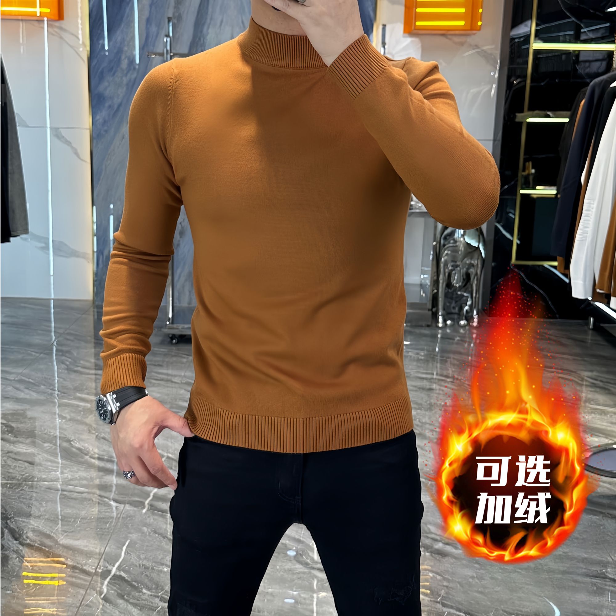 冬季加绒加厚一体绒半高领男士轻奢百搭修身保暖毛衣针织长袖