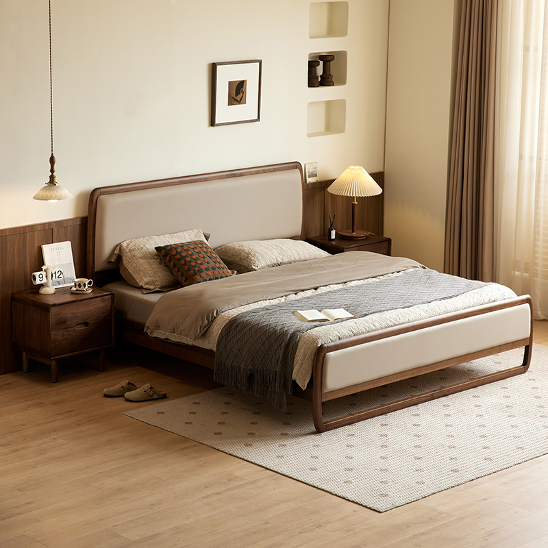 [北美黑胡桃木]床北欧简约实木床家用主卧真皮软包双人婚床