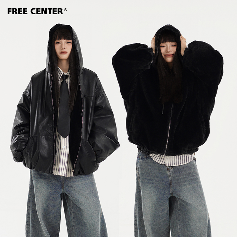 Free Center两面穿皮毛一体座山雕男女加绒加厚宽松连帽皮衣外套