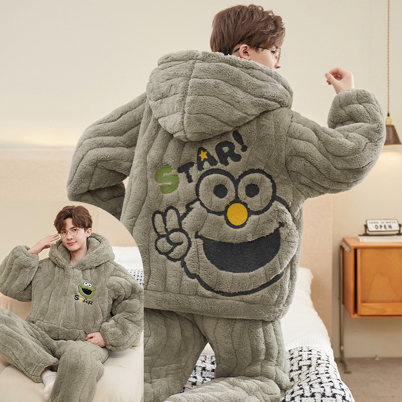 珊瑚绒连帽睡衣男士秋冬季三层夹棉加厚加绒保暖家居服套装可外穿