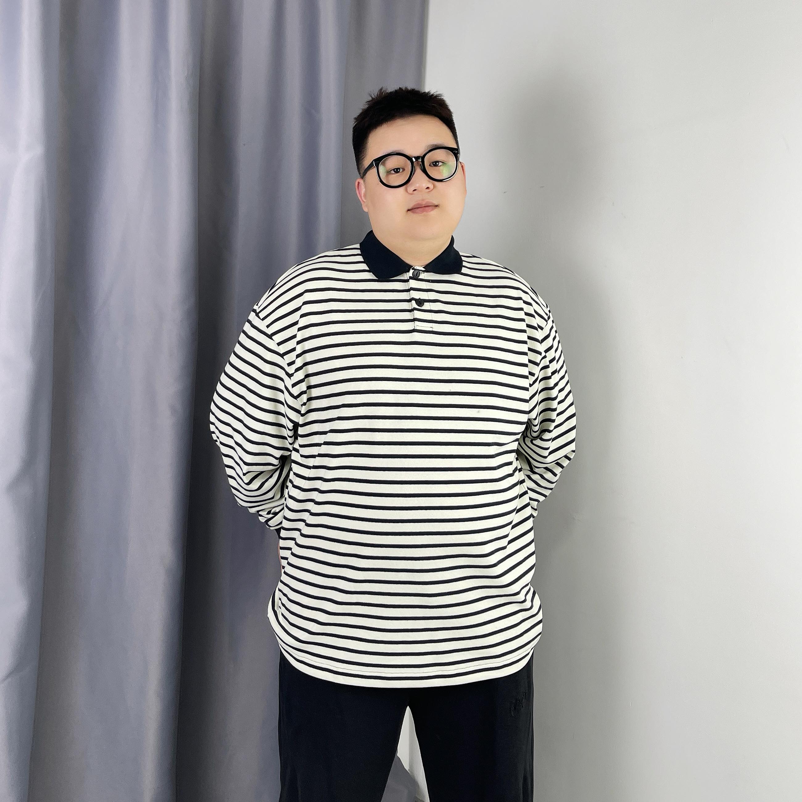 大仙仙儿2025秋季新款男士休闲宽松大码280g重磅条纹polo长袖上衣