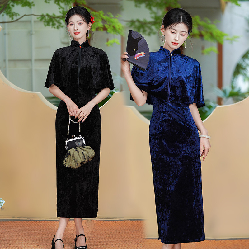显瘦黑色丝绒国风中式长款改良旗袍2025新款女复古披肩两件套春秋