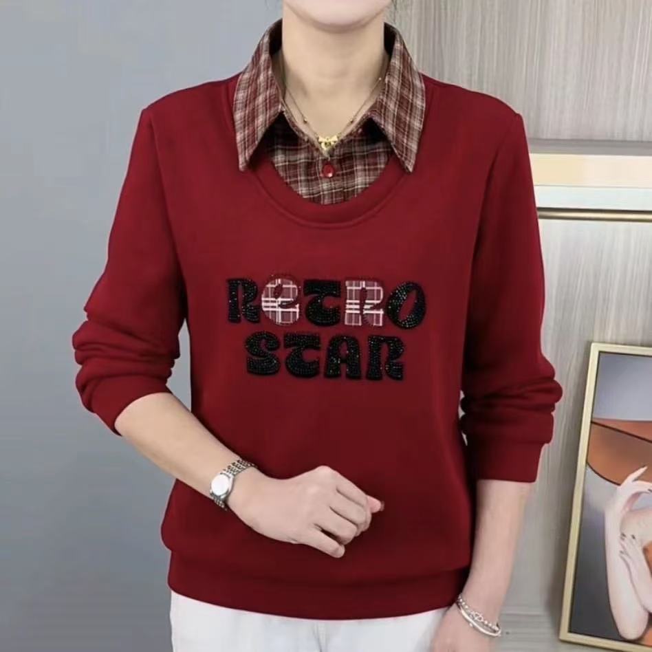 2025秋冬新款时尚格子拼接polo领假两件长袖卫衣宽松遮肚显瘦上衣