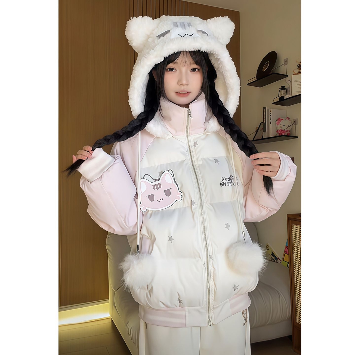 棉服女可爱猫咪魔术贴撞色连帽外套冬加厚保暖宅萌甜美棉衣面包服
