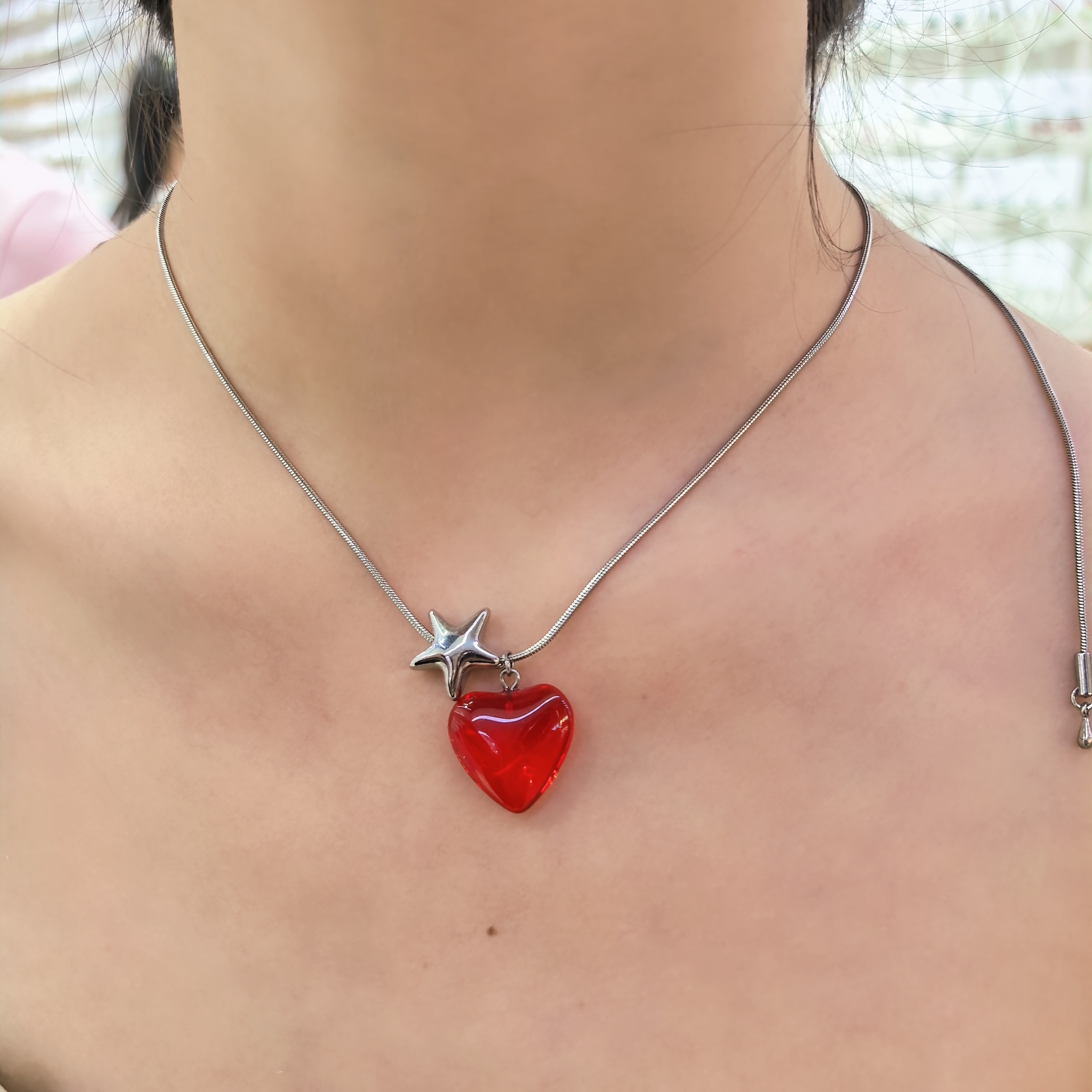 B892红色爱心星星项链