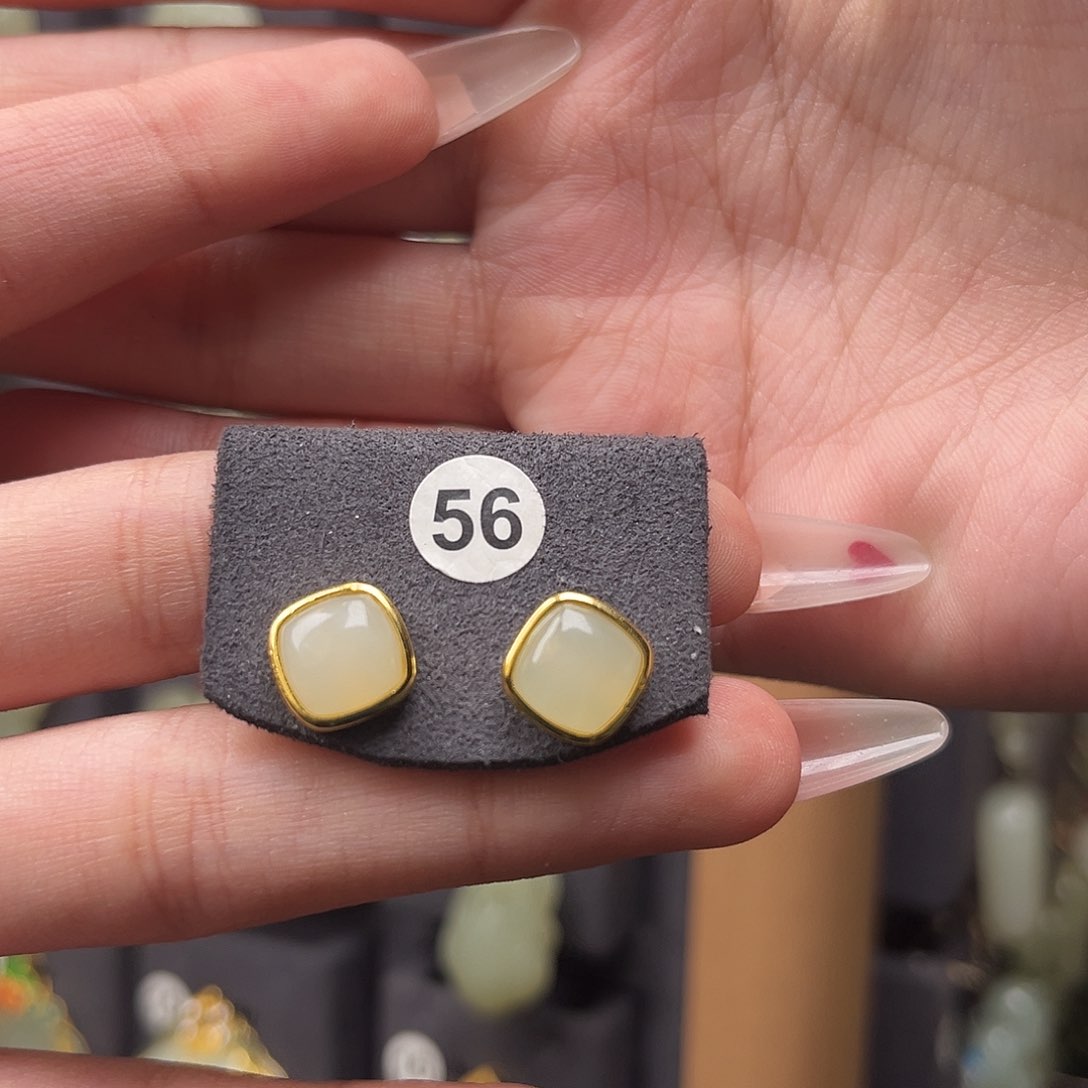 和田玉耳饰银S925镀金镶嵌