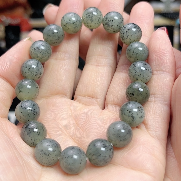 和田玉手链未镶嵌卡12圆珠点墨青花