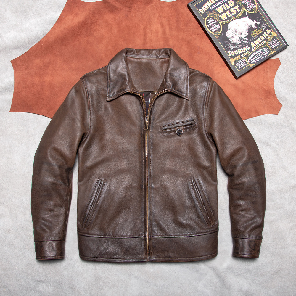 德普同款1940做脏无涂层微磨砂全粒面头层小黄牛皮真皮皮衣