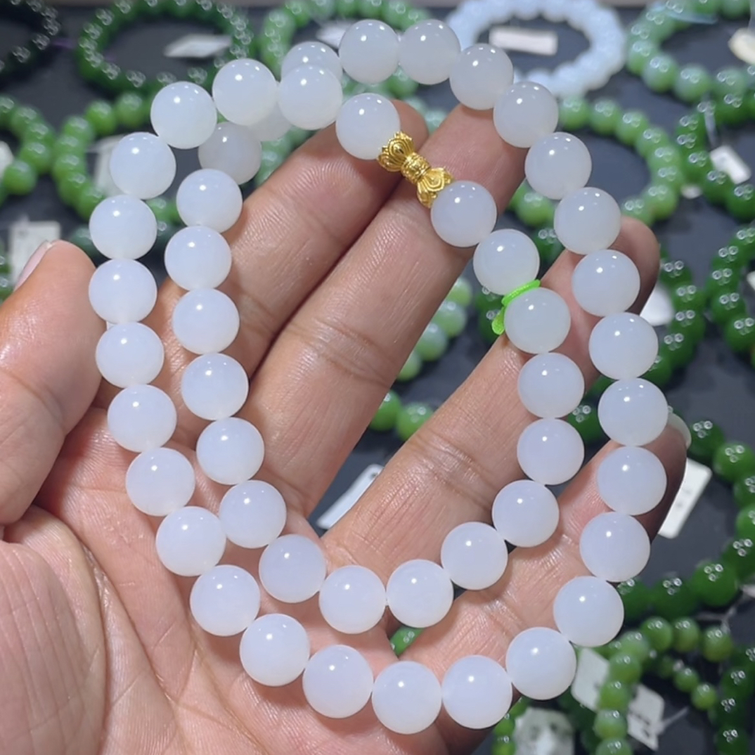 高端和田玉新疆且末羊脂白玉项链约10mm（48颗）高品妈妈链玉手串