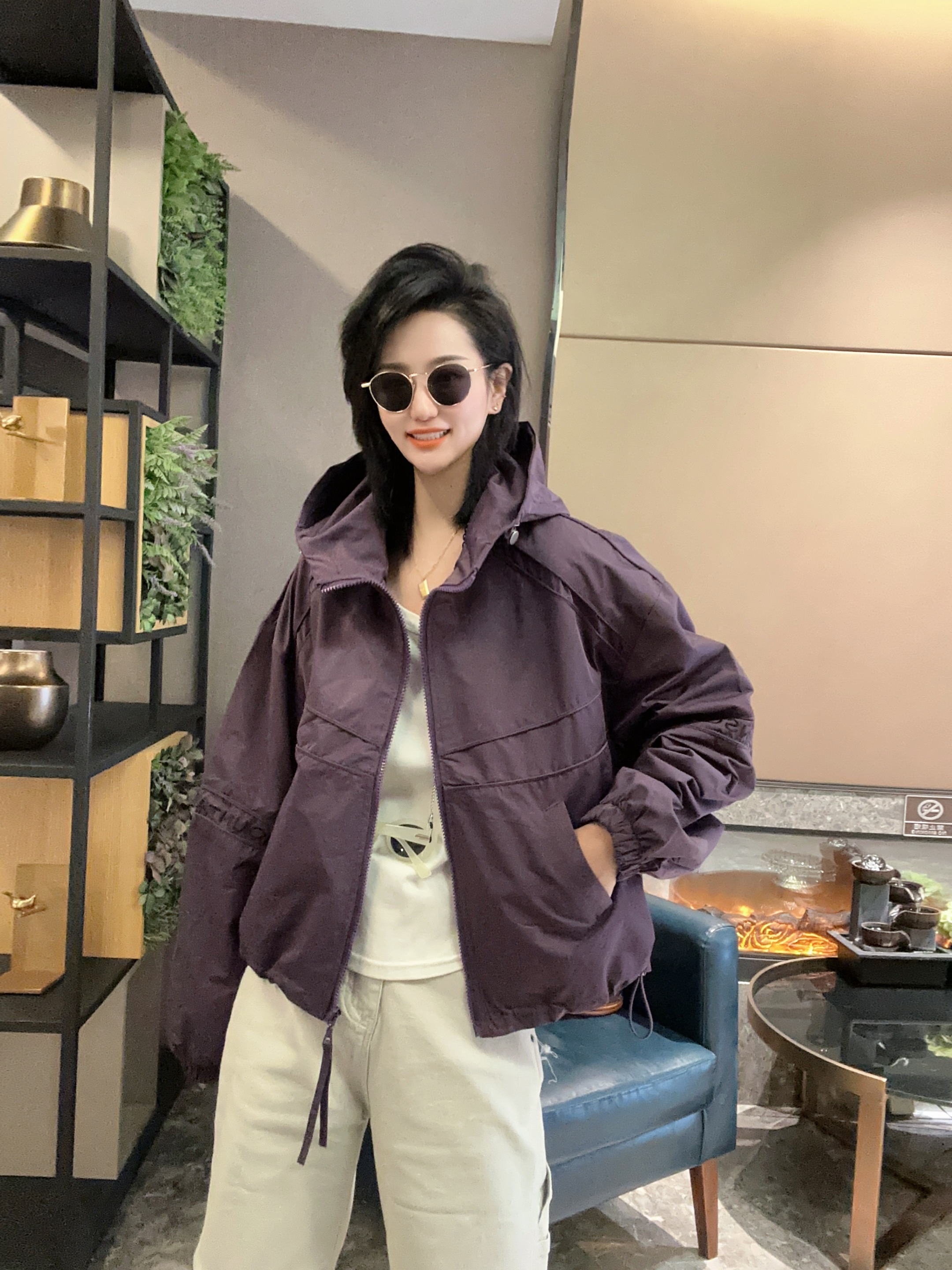 【鑫爷】秋季新品女拉链宽松型纯色短外套休闲宽松时尚痞帅遮肉5858