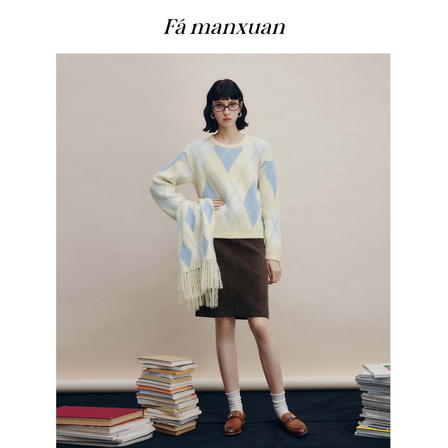 【陈大可专属】法曼萱风羊毛菱格纹针织衫长袖女2025秋冬毛衣