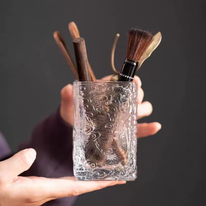 龙窑茶器 玻璃-祥云浮雕-茶道筒+5君子 3193 （直播）