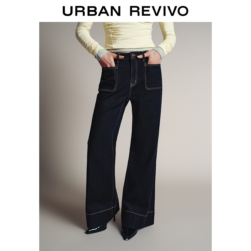 UR2025冬季新款女装气质简约明线喇叭牛仔长裤UWM850274