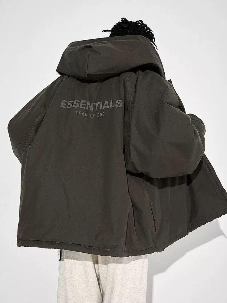 Essentials纯色logo拉链连帽休闲情侣重磅棉服男女同款1
