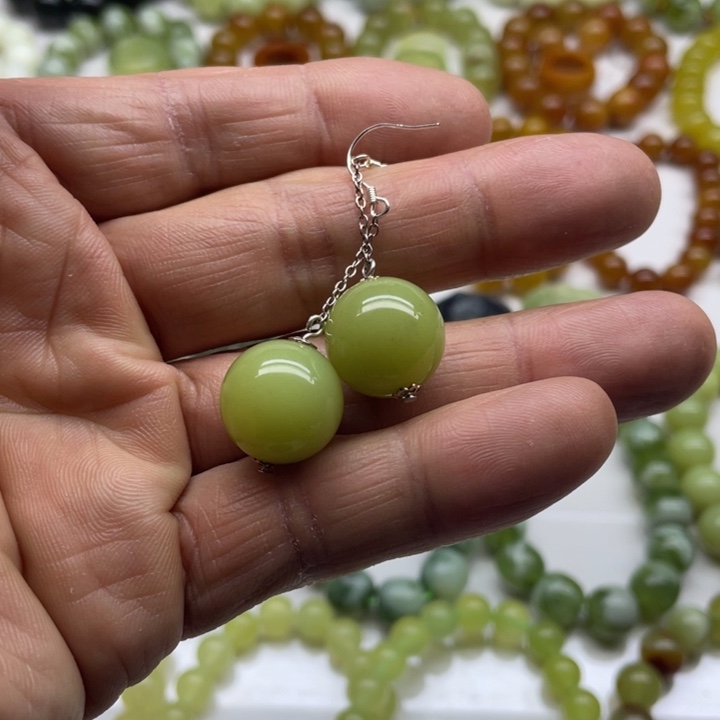 蛇纹石玉耳坠银S925镶嵌