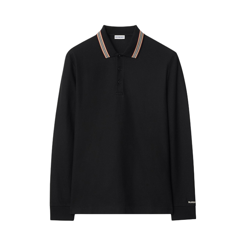 Burberry/博柏利 男士黑色棉质刺绣领口条纹长袖POLO衫