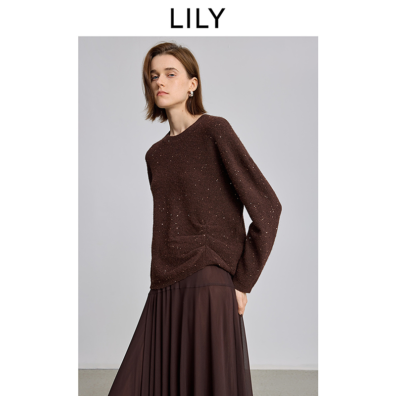LILY2025冬新款女装含羊毛氛围感亮片套头针织衫毛衣125409TKE11