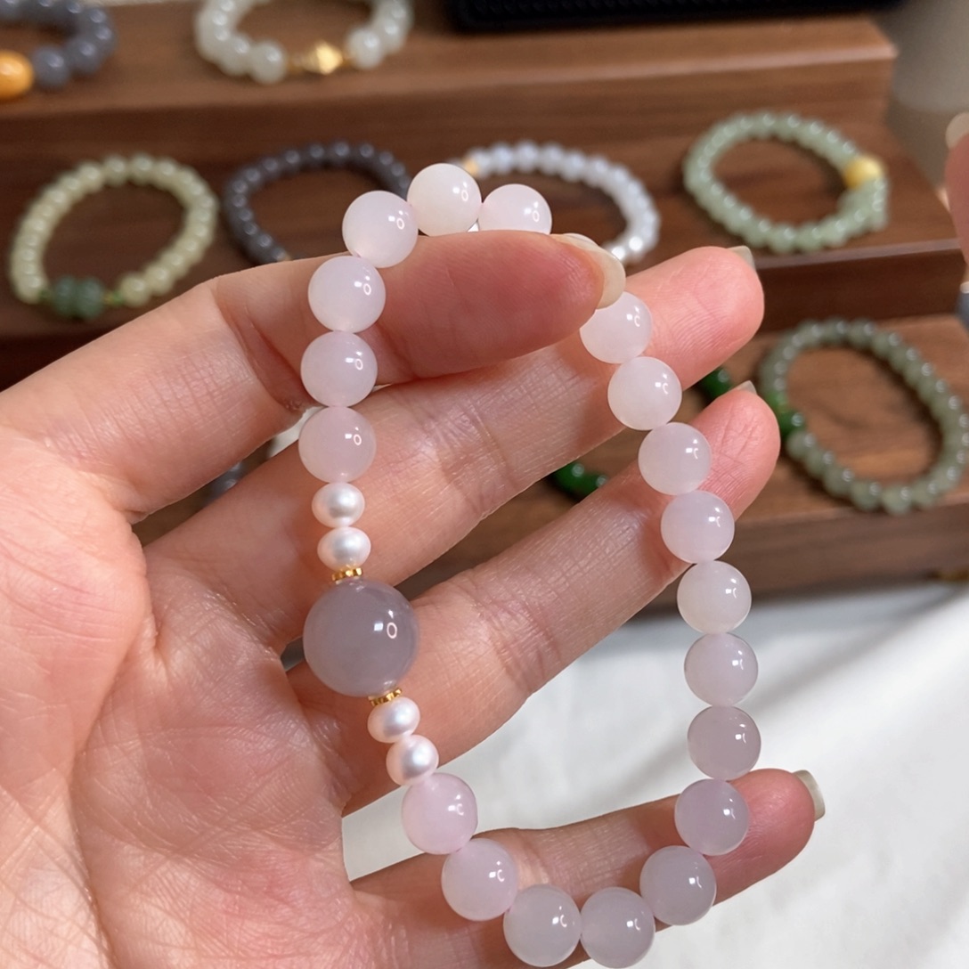 和田玉手链银S925镀金镶嵌8mm浅冰粉