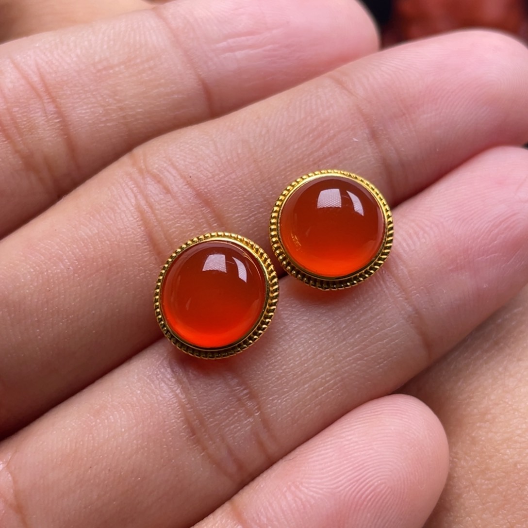 南红玛瑙珠宝奇石18K金镶嵌耳钉