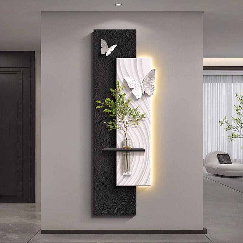 水培绿植侘寂风玄关装饰画壁画黑白蝴蝶过道走廊尽头挂画