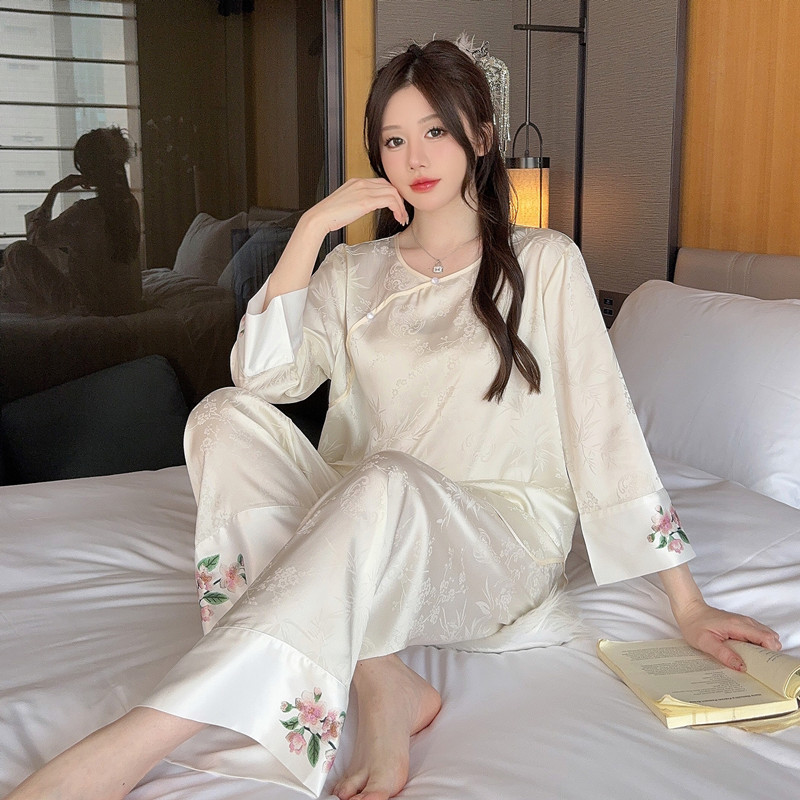 蕾丝新中式睡衣女春秋长袖冰丝女士套装宽松九分袖套装秋季可外穿