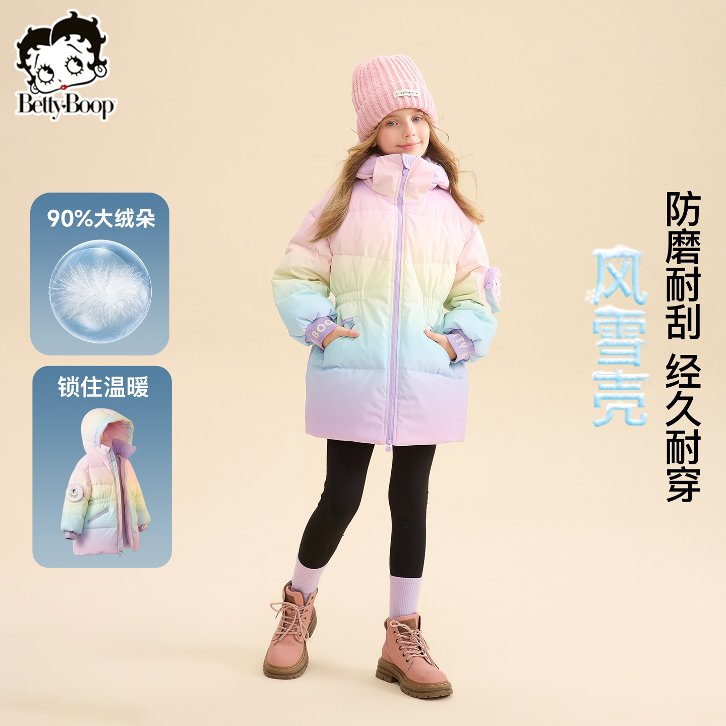贝蒂白鸭绒三防彩虹渐变羽绒服2025年冬季大童儿童洋气外套25714