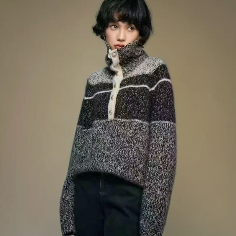 【段公子甄选】新款法式重工花纱羊毛宽松翻领套头针织毛衣8811
