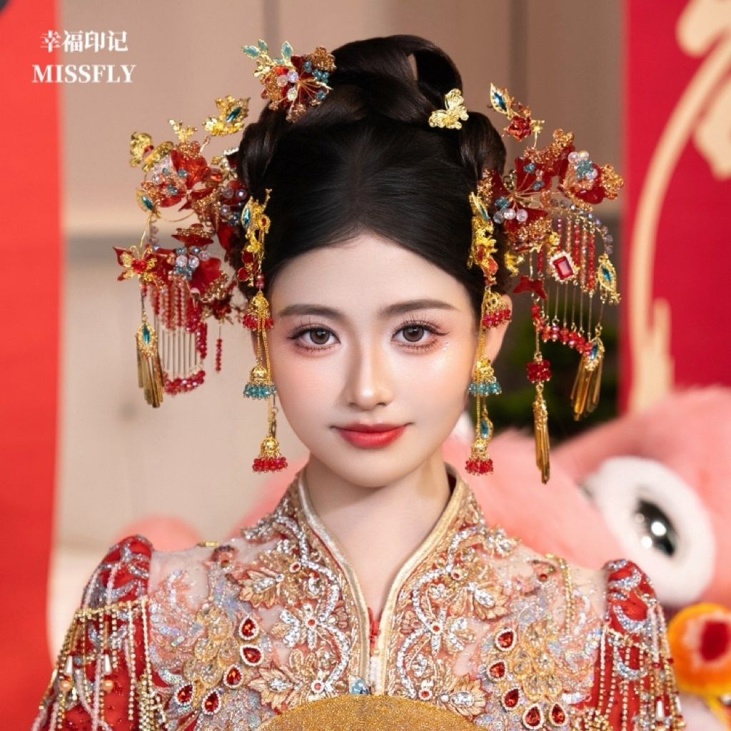 红色秀禾新中式头饰古风新娘旗袍发饰婚礼结婚后区分体发饰减龄