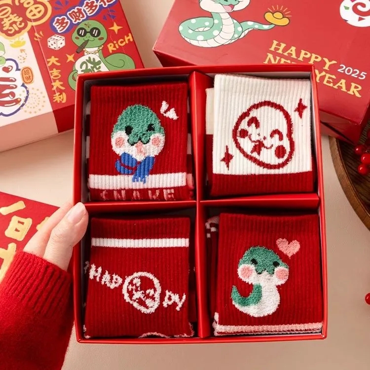 大红色蛇年红袜子女袜本命年可爱秋冬季喜庆结婚新年潮流中筒袜