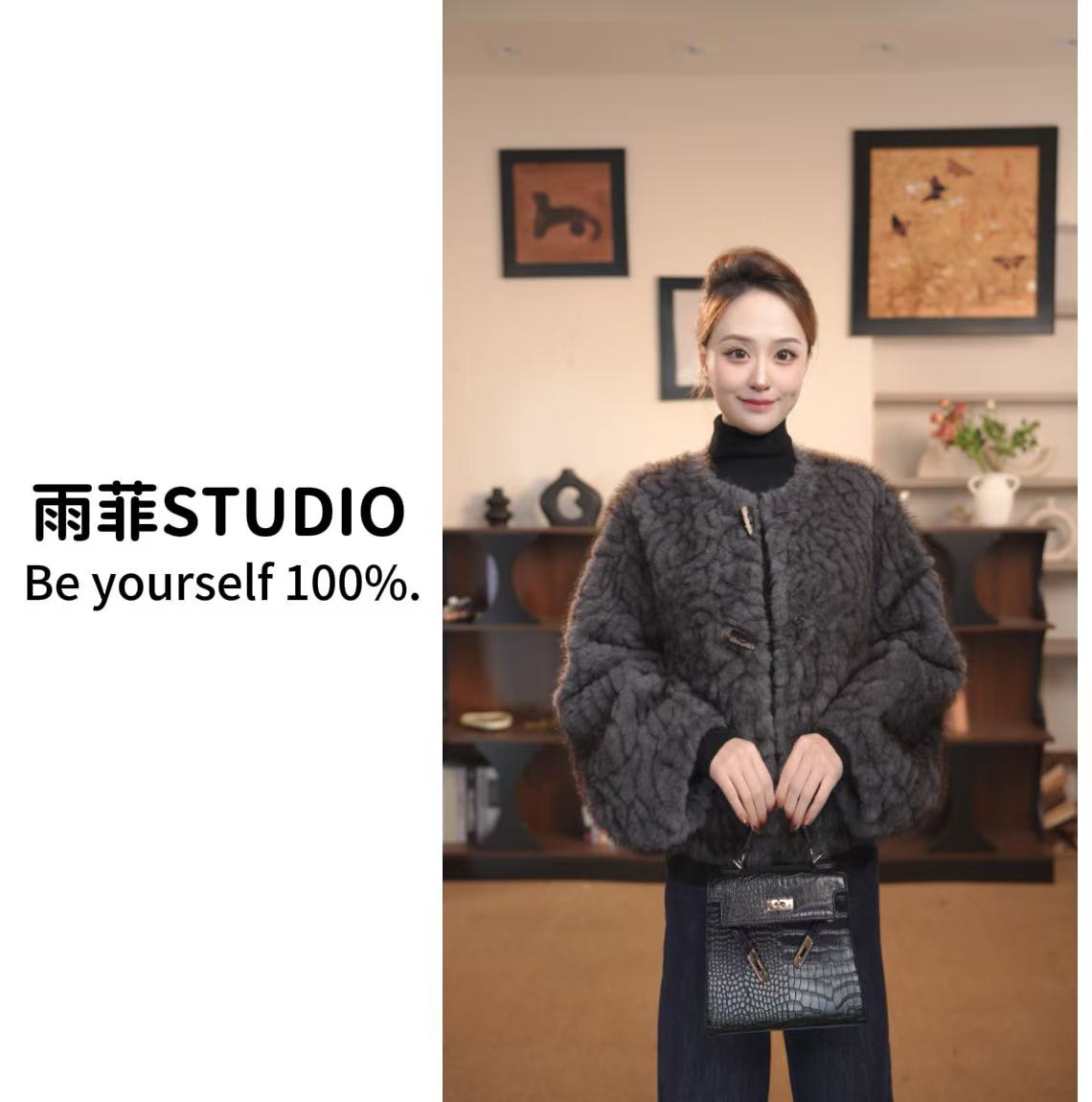 【雨菲】灰紫色女士短款毛毛外套设计师冬季气质精致GY-BDP95233