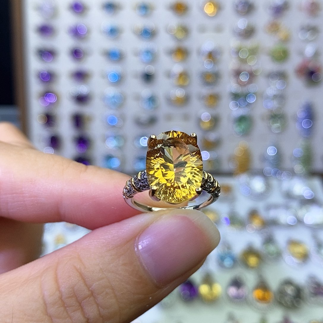 黄晶戒指银S925镶嵌一物一证