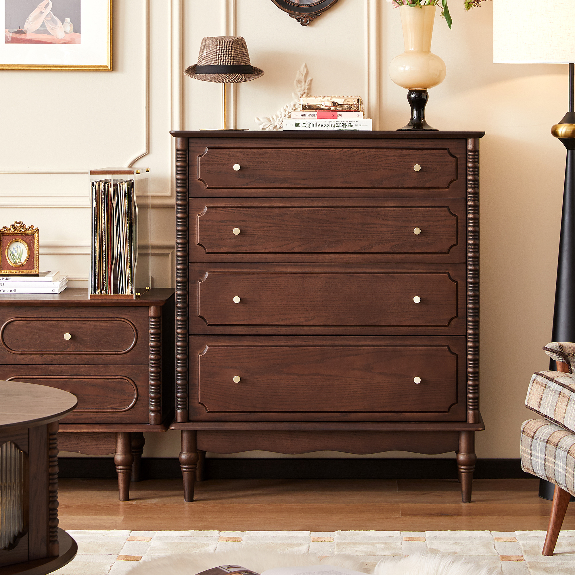 森美匠心法式复古实木斗柜收纳柜中小户型客厅卧室抽屉式储物柜子