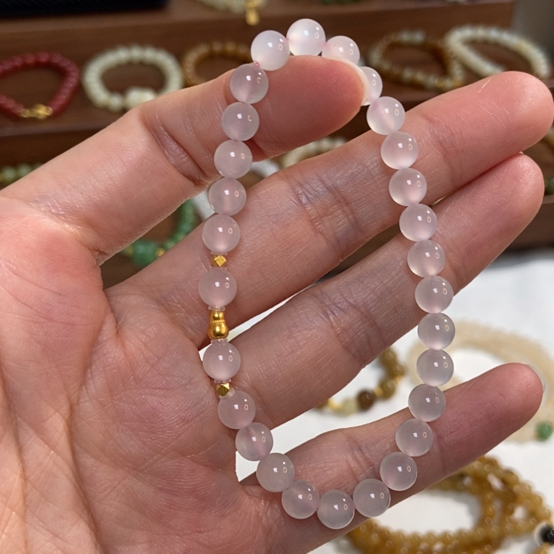 和田玉18K金镶嵌手链5.8mm冰藕粉猫