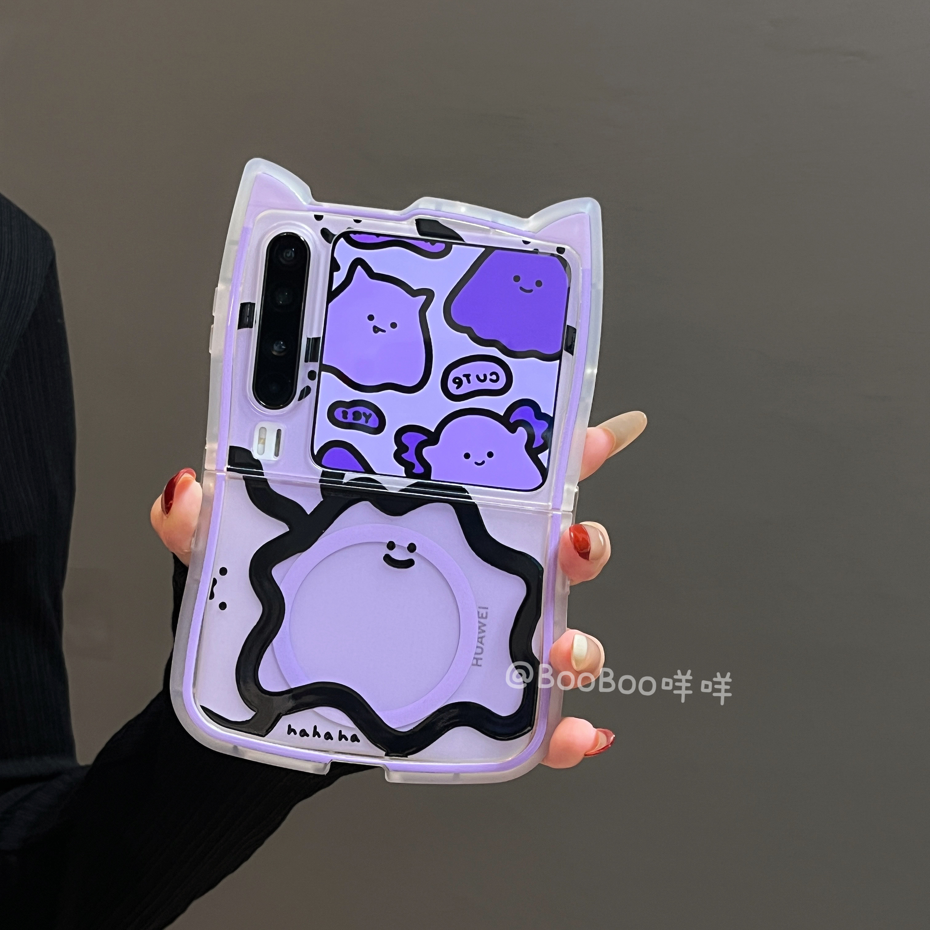 猫耳朵紫色小怪兽磁吸支架适用华为PuraX折叠屏手机壳p50pocket2