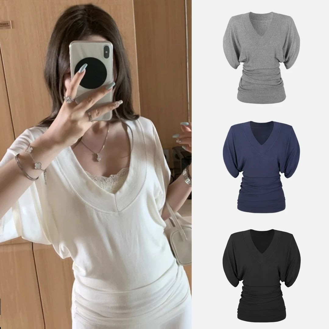 慵懒宽松V领短袖T恤女打底蝙蝠上衣内搭