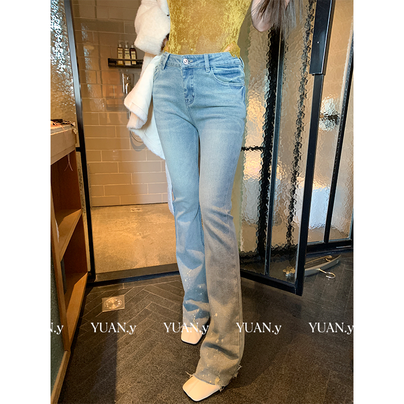 媛媛【长腿捕捉器】辣妹浅蓝色牛仔裤女冬高腰微喇裤阔腿长裤#K1264