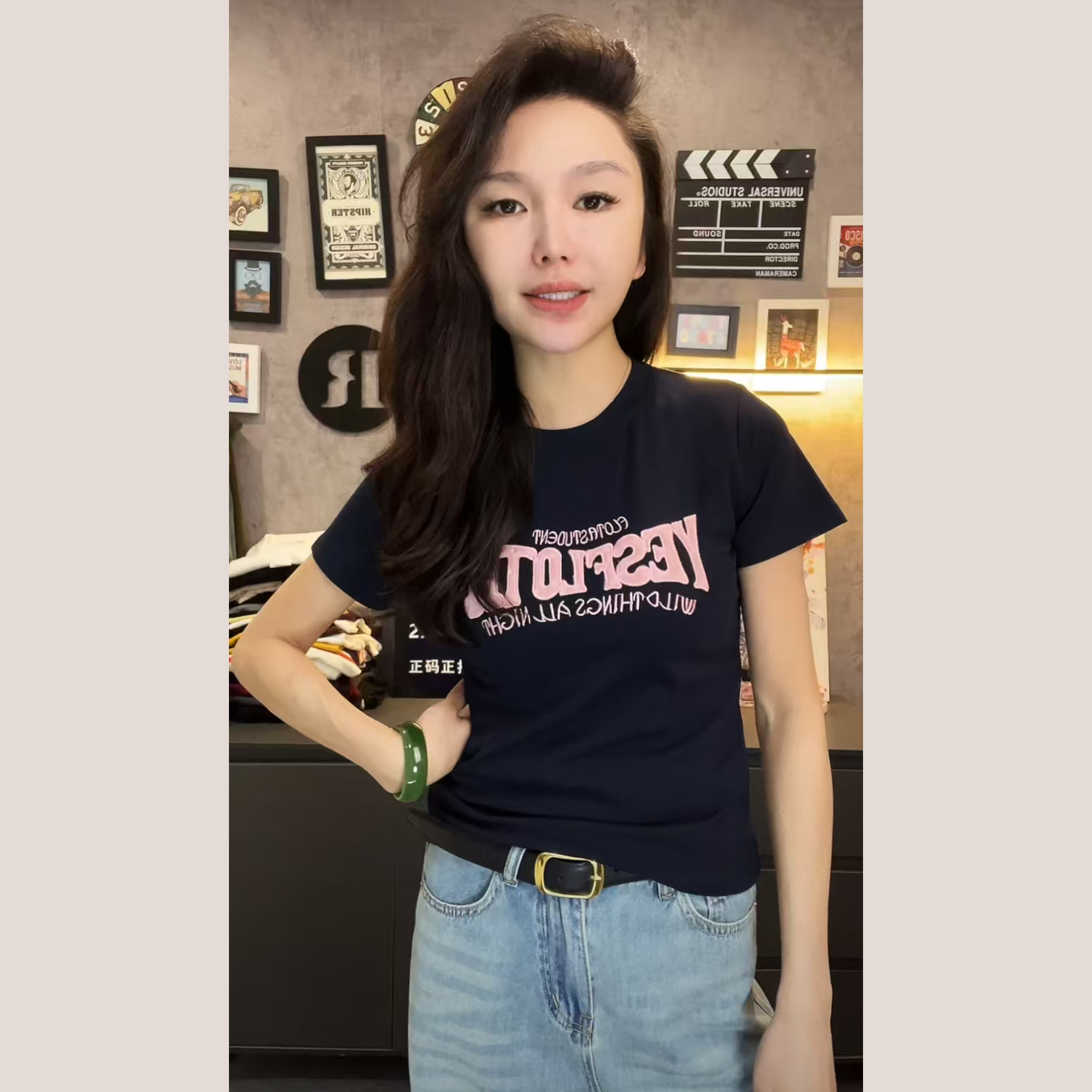 美式复古纯色T恤2025春夏季新款慵懒风字母圆领ins修身显瘦上衣