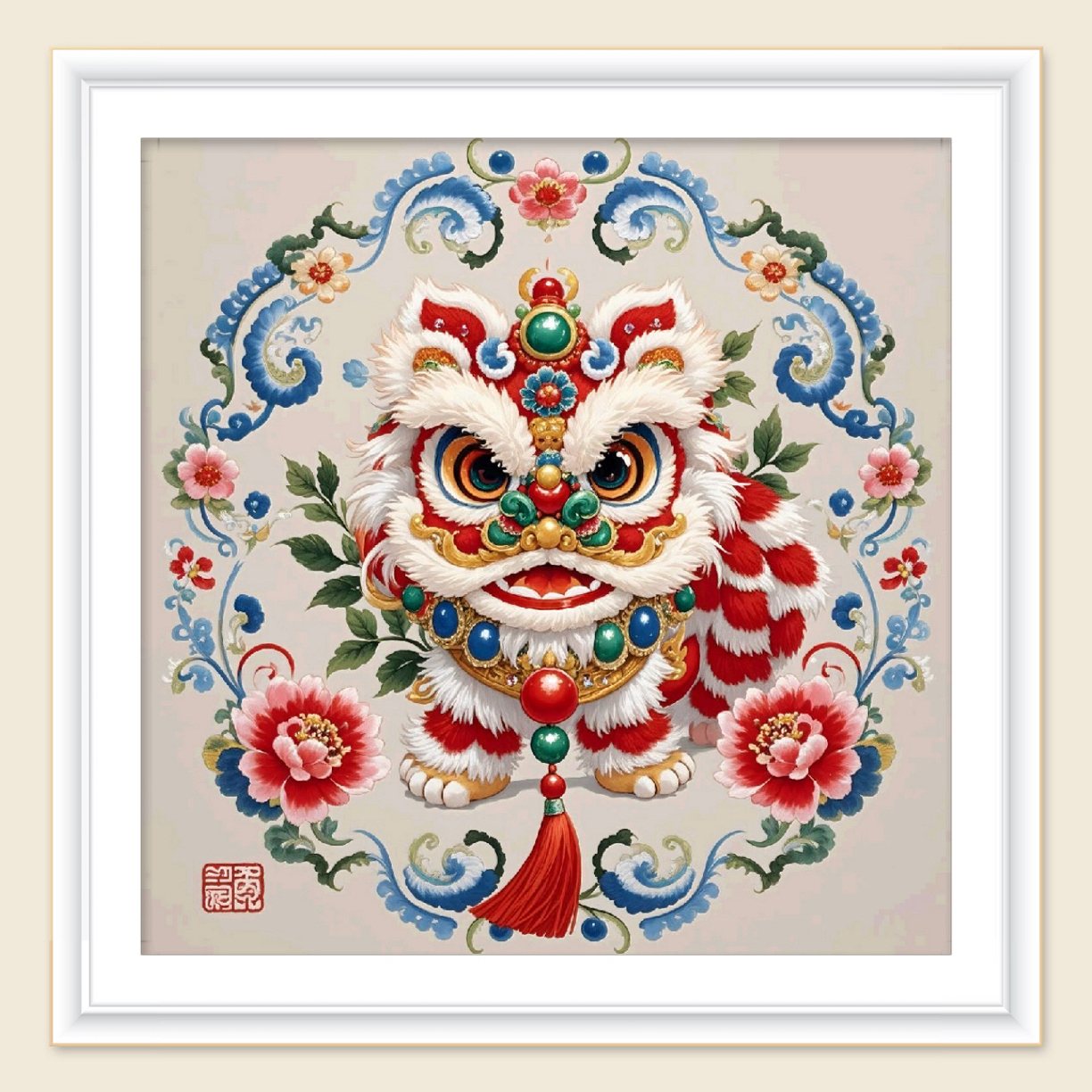 古绢布，红色醒狮（非满绣）65*65大格四股线（精准印花）